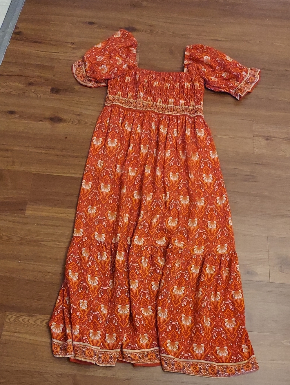 Rust Orange Floral Smocked Maxi Dress